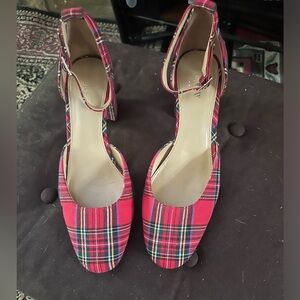 J.CREW Size 9 Tartan Block Heels with Ankle Strap in Red/Black